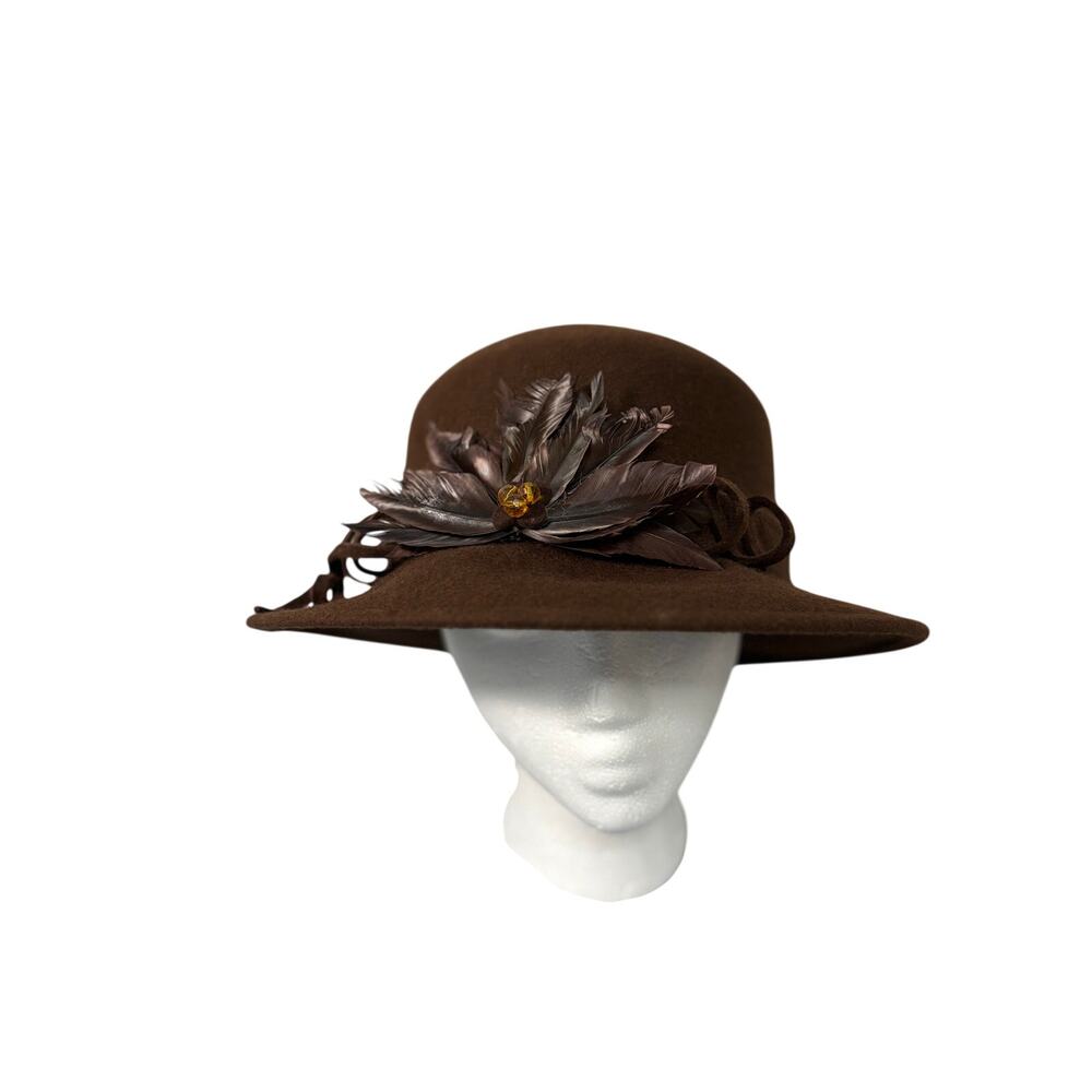 Vtg Setmar New York Brown 100% Wool Hat Feathers Amber Gemstone Cloche